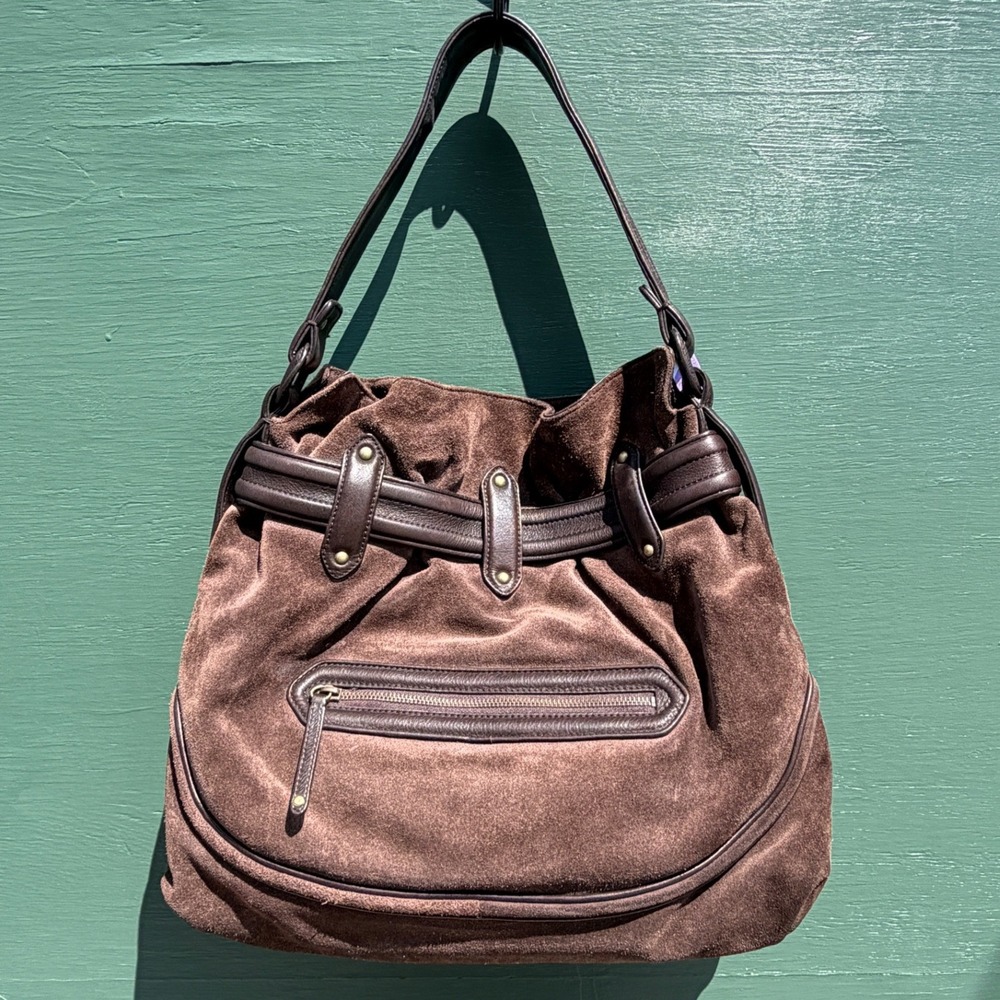 Cole Haan Brown Suede Leather Hobo Bag Boho Slouchy Shoulder Bag Brown Brass